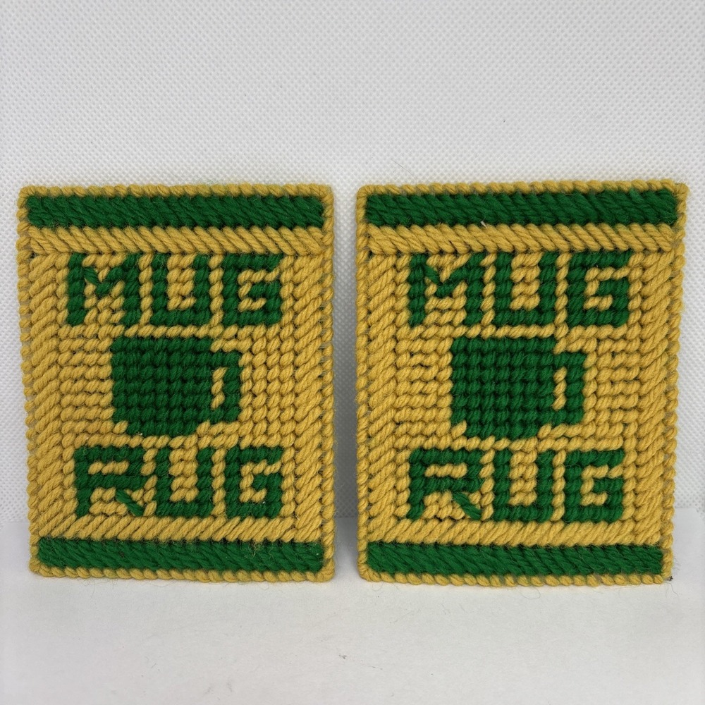 Set of 2 Handmade Mug Rug Coasters Green Yellow Yarn Needlepoint Rectangle